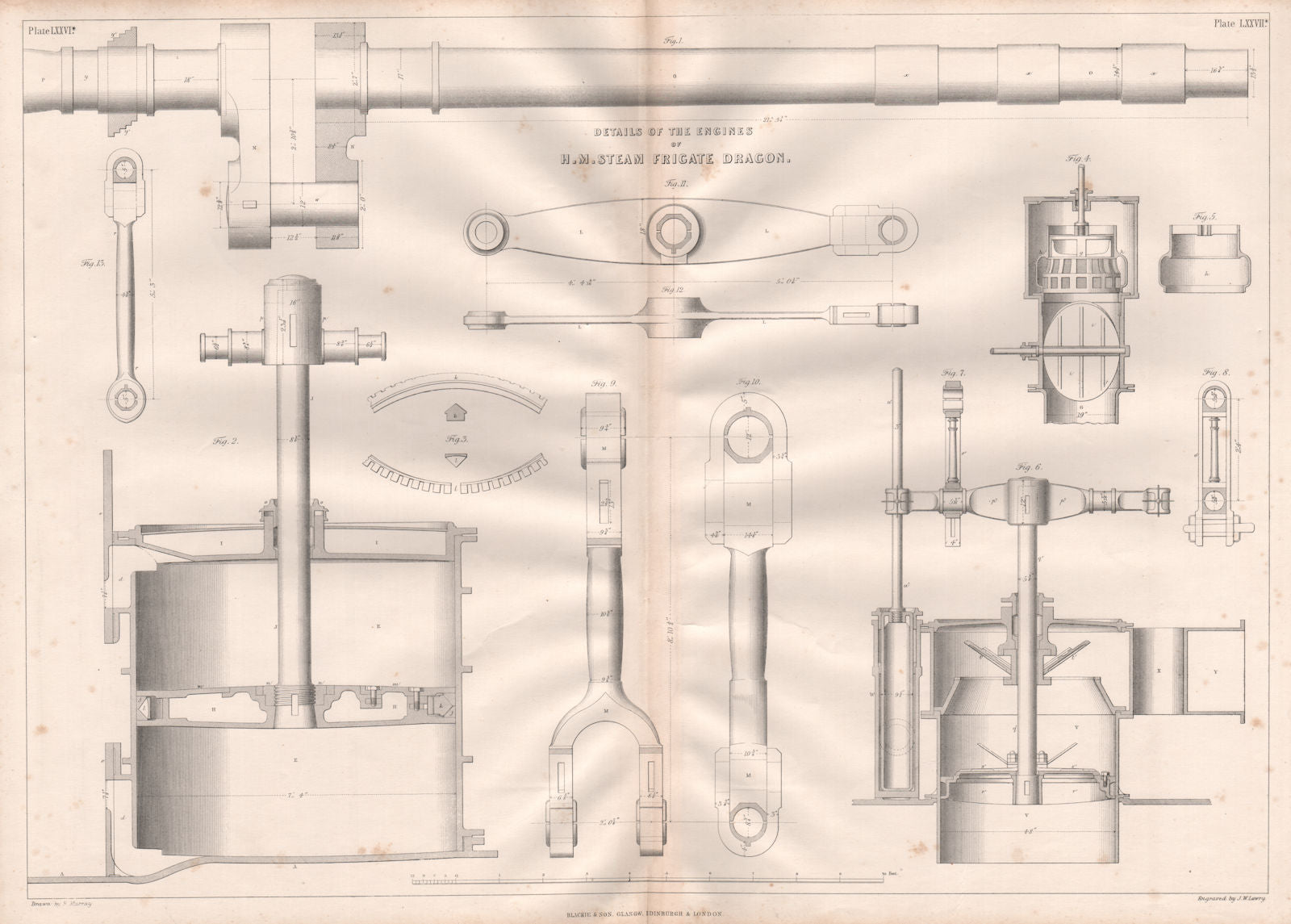 VICTORIAN ENGINEERING DRAWING. HM Steam Frigate Dragon's engines detail 1847